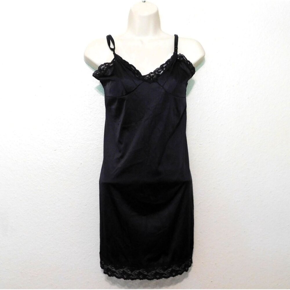 Vintage Under Moments Full Slip Womens 34 Black Lace 25 inch Adjustable Straps